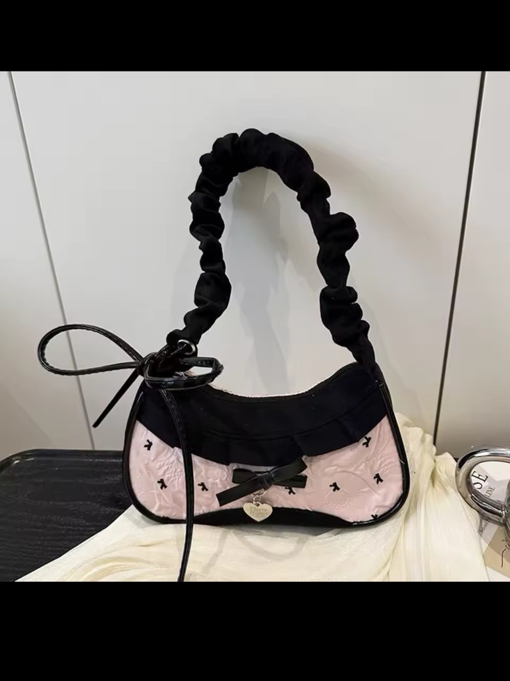 Black & Light Pink Bow-Accent Shoulder Bag